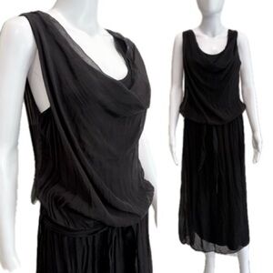 NWT Pura Seta Black Silk Jersey Lined Midi Dress Size Small Drop Waist Flowy
